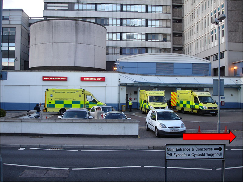As you come out of the car park, you will see the A&E department opposite you. Please turn right and walk towards the Main Entrance.