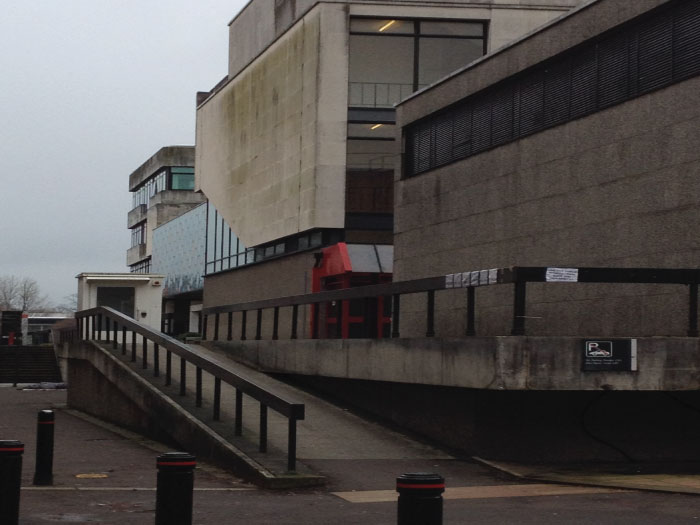 View of building from Colum Road side and you walk up the stairs or the ramp